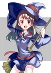 aki_poi blush broom brown_hair dress happy hat kagari_atsuko little_witch_academia long_hair looking_at_viewer open_mouth red_eyes simple_background solo witch witch_hat 