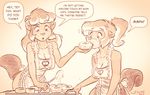  &lt;3 apron baking beaver breasts bunn_(t-kay) cinn_(t-kay) cleavage clothed clothing dialogue duo eating english_text female freckles frosting hair innuendo jonasafterdark_(artist) long_hair mammal monochrome naked_apron ponytail rodent sibling sisters spoon text twins 