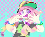  :d banned_artist baseball_cap blue_eyes bracelet drooling eyelashes fish_hair_ornament green_eyes hair_ornament hat jewelry long_hair multicolored multicolored_eyes open_mouth paruko_(splatoon) pink_hair ringed_eyes saliva shogu_(shoguchime) short_sleeves smile splatoon_(series) splatoon_1 