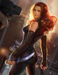  ass backlighting black_bodysuit black_gloves black_widow bodysuit breasts brown_hair cowboy_shot dagger dual_wielding elbow_gloves fingerless_gloves gloves gun handgun holding holding_gun holding_weapon latex lips long_hair looking_at_viewer marvel natasha_romanoff nose pistol pov rain realistic red_hair reverse_grip small_breasts trigger_discipline weapon yang_fan 