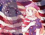  american_flag american_flag_dress bangs blonde_hair clownpiece commentary flag_background flag_print hand_over_heart hat jester_cap long_hair orz_(kagewaka) patriotism single_tear solo star striped teardrop tears touhou upper_body very_long_hair zoom_layer 