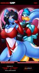  anthro ariel_(mastergodai) avian bangs beak big_breasts bird black_hair black_nose blue_eyes blue_feathers blue_fur blue_hair blush breasts cleavage clothed clothing crossed_arms duck duo elbow_gloves feathers female fingerless_gloves fluffy_tail fur gloves hair huge_breasts jupiter_(mastergodai) long_hair mammal mastergodai multicolored_hair red_eyes short_hair skunk smile succubus thick_thighs thong voluptuous white_fur wide_hips wings 