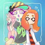  :o aipiepo baseball_cap bracelet eyeshadow fish_hair_ornament green_skirt hair_ornament hat heart jewelry long_hair looking_at_another makeup multiple_girls namida_(splatoon) necktie open_mouth orange_eyes orange_hair paruko_(splatoon) purple_sclera skirt splatoon_(series) splatoon_1 tentacle_hair v 