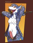  amber_eyes anthro camo chazcatrix clothed clothing dickgirl erection forked_tongue gun half-dressed intersex jacket looking_at_viewer looking_down navel nipple_piercing nipples open_mouth pants penis piercing ranged_weapon sergal sharp_teeth smile solo standing teeth tongue tongue_out underwear weapon 