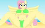  anthro beach big_breasts bikini blush breasts clothing day dnantti embarrassed equine eyelashes female fluttershy_(mlp) friendship_is_magic hair mammal my_little_pony navel pegasus pink_hair pink_tail sand sea seaside shadow solo spread_legs spreading swimsuit water wings 