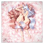  2015 animal_humanoid big_breasts blue_eyes breasts brown_fur brown_hair butt canine claws female fox fox_humanoid fox_tail fur hair hi_res hindpaw human humanoid lips long_hair looking_at_viewer lying mammal multiple_tails navel nude on_back paws smile thenightwishmaster white_fur white_hair 