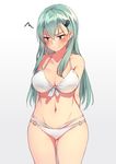  :&gt; aqua_eyes aqua_hair arms_behind_back bikini blush breasts cleavage embarrassed hair_between_eyes hair_ornament hairclip highres kantai_collection large_breasts layered_bikini long_hair navel o-ring o-ring_bottom simple_background solo soukou_makura standing suzuya_(kantai_collection) swimsuit v-shaped_eyebrows white_bikini 