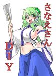  blue_skirt breasts clenched_hand cover cover_page covered_nipples crop_top crop_top_overhang danna_(karatekikku) detached_sleeves eyelashes frog_hair_ornament green_eyes green_hair hair_ornament hair_tubes hand_up hips kochiya_sanae large_breasts long_hair long_skirt looking_at_viewer midriff narrow_waist open_mouth saw sideboob simple_background skirt smile snake_hair_ornament solo teeth tongue touhou translated white_background 