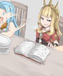  :3 blonde_hair blue_hair book cagliostro_(granblue_fantasy) granblue_fantasy long_hair lyria_(granblue_fantasy) multiple_girls p_(tidoriashi) plate purple_eyes sweat tiara 