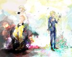  aica blonde_hair boots braid dio_brando father_and_son flower giorno_giovanna height_difference jojo_no_kimyou_na_bouken long_hair multiple_boys pants plant smile standing star time_paradox topless traditional_media 