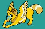  2015 avian beak blue_eyes cute feathered_wings feathers female feral fluffy_tail fur gryphon lemon lemon_(gryphon) looking_back paws royalty_(artist) simple_background solo spread_wings white_feathers white_fur wings yellow_feathers yellow_fur 