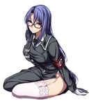  dies_irae garter_straps glasses gloves highres lace lace-trimmed_thighhighs long_hair looking_at_viewer low-tied_long_hair necktie purple_eyes purple_hair riza_brenner sblack simple_background solo thighhighs uniform very_long_hair white_background 