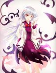  bow grey_hair hichou highres kishin_sagume long_sleeves looking_at_viewer open_mouth red_eyes shirt single_wing skirt smile solo touhou vest wings 