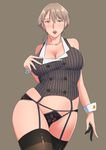  1girl breasts character_request copyright_request female garter_belt large_breasts panties short_hair simple_background solo supi_(inner_map) thighhighs underwear 