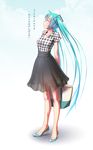  aqua_hair arms_behind_back bag blue_eyes collarbone commentary commentary_request full_body gradient gradient_background hatsune_miku high_heels holding holding_bag jewelry long_hair looking_up necklace no_socks plaid plaid_shirt profile see-through shirt short_sleeves skirt solo standing toe_cleavage translated twintails very_long_hair vocaloid wokada 