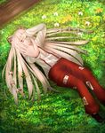  cacao_devil flower fujiwara_no_mokou grass hair_ribbon hand_on_own_face long_hair looking_at_viewer orange_flower outstretched_hand pants red_eyes ribbon touhou white_flower white_hair 