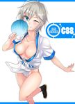  anastasia_(idolmaster) ashita_(2010) bad_id bad_twitter_id blue_eyes breasts comiket fan fundoshi idolmaster idolmaster_cinderella_girls japanese_clothes medium_breasts one_eye_closed paper_fan short_hair silver_hair smile solo tabi uchiwa yamakasa 