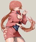  breasts brown_hair cleavage cleavage_cutout cowboy_shot cropped_jacket earrings fingernails grey_background hair_over_eyes jewelry large_breasts long_fingernails long_hair looking_at_viewer miniskirt pointing pointing_at_viewer shermie skirt solo split_ponytail the_king_of_fighters ysk! 