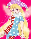  1girl :d american_flag_legwear american_flag_shirt blonde_hair blush clownpiece cowboy_shot flag_print frilled_shirt_collar frills grin hat jester_cap long_hair looking_at_viewer mismatched_legwear open_mouth p-ki pink_background polka_dot print_legwear print_shirt purple_eyes purple_hat shirt simple_background smile solo star star_print striped striped_legwear striped_shirt touhou very_long_hair wings 