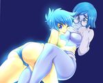  ass blue blue_background blue_eyes blue_hair blue_skin breast_press breasts cameltoe disney glasses glowing glowing_hair gradient gradient_background inside_out joy_(inside_out) multiple_girls nisego panties pixar sadness_(inside_out) shirt_lift sleeveless sweater thick_thighs turtleneck underboob underwear yellow_skin yuri 