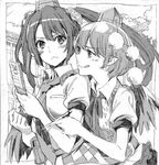  blush cellphone checkered checkered_skirt greyscale hat himekaidou_hatate jpeg_artifacts long_hair monochrome multiple_girls necktie nobita pen phone pointy_ears ribbon shameimaru_aya short_hair skirt smile smirk tokin_hat tongue tongue_out touhou traditional_media twintails wings 