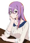  alternate_costume bespectacled breasts dragon_yukano ese_shinshi glasses hand_on_own_face long_hair looking_at_viewer medium_breasts ninja_slayer purple_eyes purple_hair short_sleeves smile solo table white_background 