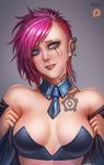  1girl badcompzero blue_eyes breasts earring gradient gradient_background league_of_legends nose_ring pink_hair solo tattoo ties vi 