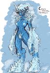  abstract_background blue_eyes blue_skin breasts claws digitigrade elemental english_text erect_nipples female horn hybrid macro nipples not_furry pubes simple_background solo standing text thetenk 