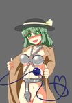  blush breasts chains chastity_belt chastity_bra green_eyes green_hair heart heart-shaped_pupils komeiji_koishi long_hair open_clothes open_mouth simple_background smile solo standing symbol-shaped_pupils touhou 