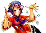  fingernails hat mahjong mahjong_tile miyako_yoshika nail_polish nobita ofuda purple_hair short_hair smile solo star touhou traditional_media yellow_eyes 