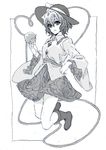  bow eyeball floral_print greyscale hat jpeg_artifacts komeiji_koishi monochrome nobita ribbon short_hair skirt solo third_eye touhou traditional_media 