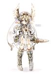  artist_name breasts cleavage dated fantasy full_body gauntlets highres long_hair looking_at_viewer original pointy_ears rondo_bell small_breasts smile solo standing sword weapon white_background 