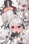  ! 1boy 1girl ? ahoge anparu bangs black_gloves black_ribbon blush breasts buttons commander_(girls_frontline) commentary_request double-breasted eyebrows_visible_through_hair food frilled_sleeves frills full-face_blush girls_frontline gloves hair_between_eyes hair_ornament hair_ribbon hairclip head_tilt heart highres hug iws-2000_(girls_frontline) kiss large_breasts long_hair long_sleeves looking_at_viewer military military_uniform miniskirt motion_lines mouth_hold open_mouth pleated_skirt pocky pocky_kiss red_eyes red_shirt ribbon saliva shared_food shirt sidelocks silver_hair skirt sweat tears uniform white_background white_shirt white_skirt 