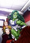  angry black_eyes black_hair blurry boots brick_wall brown_hair character_request chiba_toshirou depth_of_field fingerless_gloves gloves green_eyes green_hair green_skin jennifer_walters leotard marvel multiple_girls muscle muscular_female official_art ponytail she-hulk spiked_knuckles 