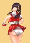  1girl amibazh asamiya_athena ass black_eyes black_hair fingerless_gloves from_behind gloves hair_ornament huge_ass king_of_fighters long_hair looking_at_viewer low_twintails panties simple_background skirt smile snk solo twintails underwear upskirt yellow_background 
