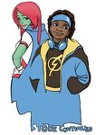  1boy 1girl alien black_hair brown_eyes cape company_connection dark_skin dc_comics gloves goggles goggles_around_neck green_skin hairlocs hands_in_pockets hands_on_hips jacket mask miss_martian red_hair simple_background skirt static_shock teen_titans virgil_ovid_hawkins 