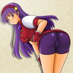  asamiya_athena ass bent_over bike_shorts blush breasts cameltoe earrings female fingerless_gloves gloves gradient gradient_background hairband jewelry king_of_fighters large_breasts leaning leaning_forward long_hair looking_at_viewer purple_eyes purple_hair shadow skirt smile solo tsumitani_daisuke upskirt 