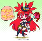  1girl asymmetrical_gloves bat_wings bikini chibi demon_tail disgaea etna food fork fruit gloves halloween hat hekaton long_hair pointy_ears red_eyes red_hair shoes solo standing strawberry swimsuit tail thighhighs very_long_hair winged_shoes wings witch_hat 