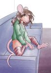  2018 anthro barefoot brown_eyes brown_hair clothed clothing female hair mammal mouse rodent sitting smile solo unimpressive 