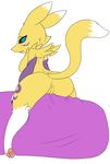 2015 anthro anus black_sclera blue_eyes blush breasts butt claws digimon female fur hearlesssoul looking_at_viewer looking_back pawpads paws pillow pussy renamon simple_background solo spread_legs spreading white_fur yellow_fur 