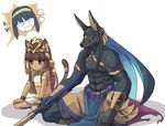  1girl animal_ears anubis_(p&amp;d) bad_id bad_pixiv_id bastet_(p&amp;d) brown_hair cat_ears dark_skin egyptian indian_style ineshumi isis_(p&amp;d) puzzle_&amp;_dragons serious sitting 