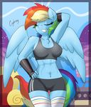  2015 absurd_res anthro anthrofied areola blue_fur bracelet breasts chest_tuft clothing cogbrony cutie_mark equine eyes_closed female friendship_is_magic fur hair hand_behind_head hand_on_hip hi_res jewelry legwear mammal multicolored_hair muscles muscular_female my_little_pony navel outside pegasus pose rainbow_dash_(mlp) rainbow_hair smile solo stockings thigh_highs tuft wings 