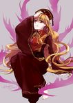  2015 augetsix bangs barefoot chinese_clothes dated hand_on_head hat junko_(touhou) long_hair long_sleeves looking_at_viewer red_eyes shaded_face sitting smile solo touhou twitter_username very_long_hair wide_sleeves 