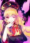  ;) blonde_hair blush closed_mouth crescent emia_wang fox hat junko_(touhou) long_hair long_sleeves one_eye_closed red_eyes smile solo tabard touhou upper_body 