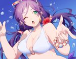  bikini breasts eyewear_on_head green_eyes highres large_breasts long_hair looking_at_viewer love_live! love_live!_school_idol_project low_twintails mihatarou one_eye_closed open_mouth purple_hair solo sunglasses swimsuit toujou_nozomi twintails 
