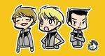  3boys black_hair blonde_hair chibi crossed_arms gundam gundam_side_story:_rise_from_the_ashes leung_lee-fai lowres master_pierce_rayer maximilian_berger military_uniform multiple_boys simple_background uniform 