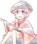  bowl bowl_hat hat holding_needle japanese_clothes kimono looking_at_viewer needle open_mouth puchimirin purple_eyes purple_hair sitting solo sukuna_shinmyoumaru touhou 