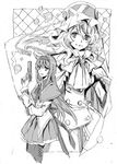  akemi_homura graphite_(medium) greyscale gun hairband hat magical_girl mahou_shoujo_madoka_magica mahou_shoujo_oriko_magica mikuni_oriko monochrome multiple_girls nobita orb pantyhose shako_cap traditional_media veil weapon 