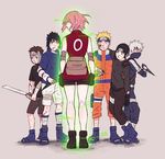  5boys aura bandaged_arm bandaged_leg bandages black_gloves black_hair blood blush bruise clenched_hands commentary detached_sleeves english_commentary face_mask forehead_protector gloves grey_background hand_wraps haruno_sakura hatake_kakashi highres injury jumpsuit konohagakure_symbol kunai looking_back mask multiple_boys naruto naruto_(series) naruto_shippuuden open_toe_shoes pink_hair reverse_grip sai_(naruto) shivi_martin shoes short_hair short_sword shorts silver_hair solo_focus sword time_paradox uchiha_sasuke uzumaki_naruto weapon yamato_(naruto) you_gonna_get_raped younger 