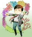  black_hair blazer book brown_eyes chibi flower gekkan_shoujo_nozaki-kun jacket male_focus necktie nehan_(y-nehan) nozaki_umetarou open_book school_uniform solo 